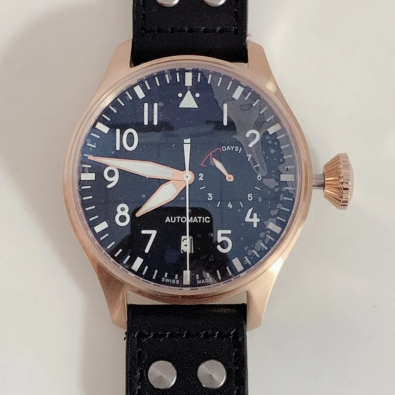 

46mm Watch Men Pilot Military Water Resistant Automatic Movement Wristwatch power reserve AAA