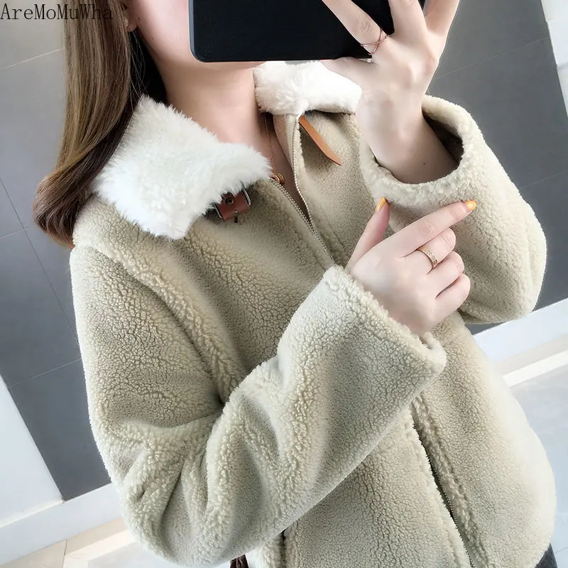 AreMoMuWha/вельветовое пальто с мехом ягненка, новинка года, зимняя короткая бархатная шелковая куртка, кардиган, пальто и куртки для женщин, QX1267