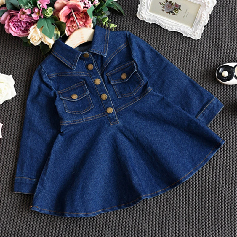 

2019 autumn new girls fashion denim dress children's single-breasted dresses