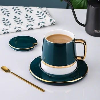 

Ceramic mug with lid milk coffee cups European porcelain creative simple espresso Couple tea cup and saucer set gold spoon mugs