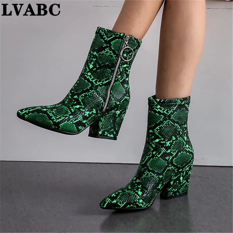 

High Quality 2019 Autumn Winter Ankle Boots for Women Animal Snake pattern PU Leather High Heels Booties Ankle botas Shoes 35-43