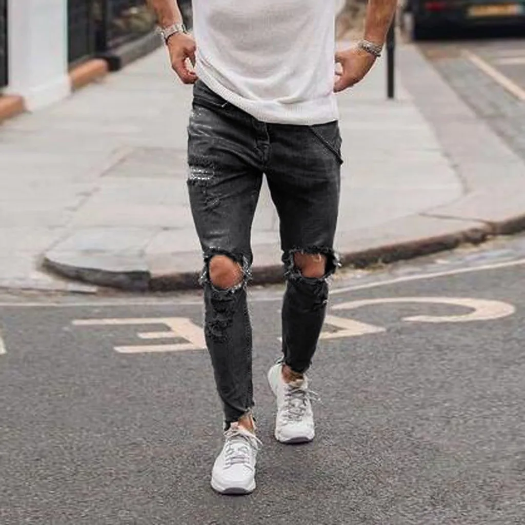 HOT Men's Fashion Denim Cotton Straight Hole Trouser Distressed Jeans ripped jeans for men stretch denim mens jeans jeans
