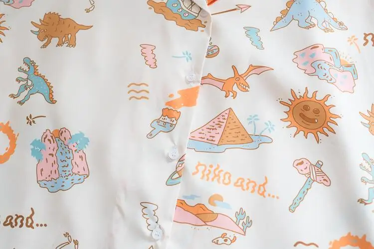 Cretaceous Dinosaur Cute Oversized Women's Blouse Cartoon Short Sleeve Summer Shirt White