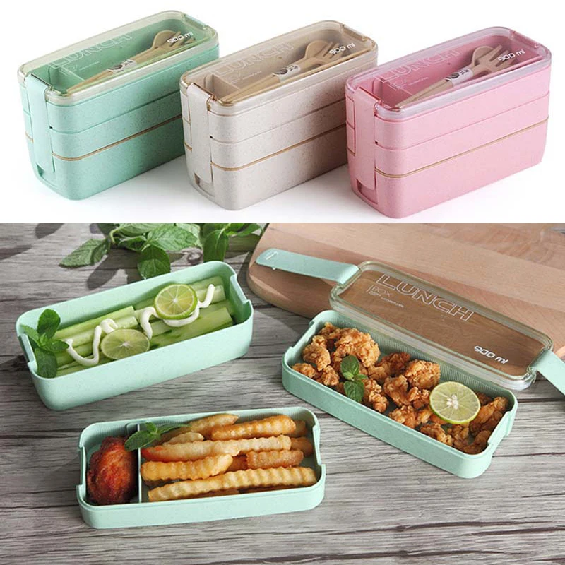 Microwavable путешествия прямоугольник трехуровневый Bento Box многоразовый Ланч герметичный вилка контейнер для ложек Посуда японский стиль