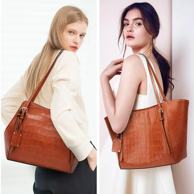 

2019 Europe And America Hot Selling WOMEN'S Bag Crocodile Pattern Soft Leather Handbag Simple Fashion Bucket Large Bag Shoulder