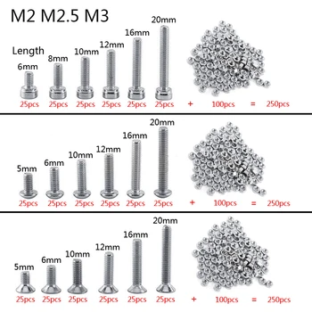 

250p/set A2 Stainless Steel M2 M2.5 M3 Cap/Button/Flat Head Screws Sets Hex Socket Bolt With Hex Nuts Assortment Kit