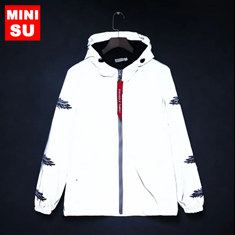 Тренч, новинка, Мужская Осенняя ветровка, светоотражающая куртка, harajuku, повседневная, хип-хоп, пальто с капюшоном, уличная одежда, ночные блестящие куртки