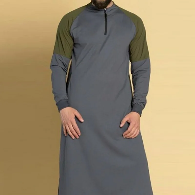 Oeak 2020 New Muslim Men Long Robes Contrast Color Spliced Zipper Round Neck Sleeve Kaftan Arabia and Middle T-shirts | Мужская одежда