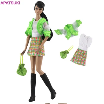 

Green Fashion Doll Clothes Set for Barbie Doll Outfits Colorful Plaid Dress Coat Bag 11.5" BJD Dolls Accessories Kids Toy