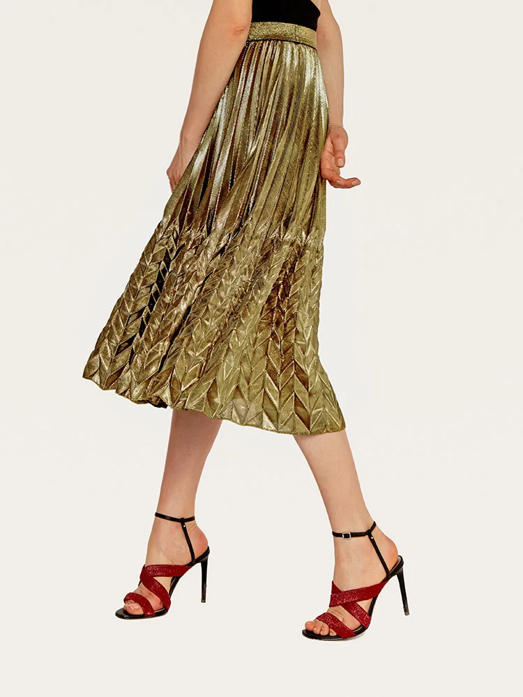 Золотая плиссированная миди юбка Женская эластичная высокая талия боковая юбка с карманами Лето элегантная женская нижняя рыбий хвост пляжная юбка