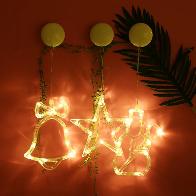 Рождественский светодиодный гирлянда, звезда, Луна, снеговик, окна на присоске, Висячие сказочные огни, светодиодный фонарь для украшения на батарейках