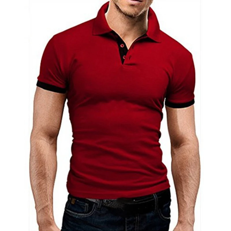 Puimentiua мужские Поло рубашка новые летние шорты с длинными рукавами с отложным воротником со стойкой Топы зауженного кроя с Повседневное дышащий однотонный деловой рубашки - Цвет: Wine Red
