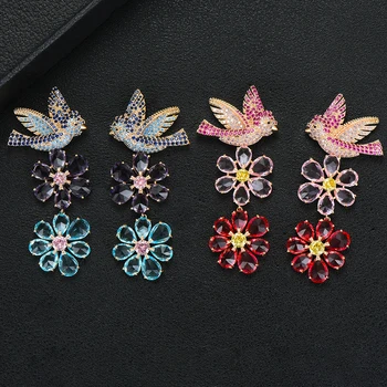 

missvikki Bohemian Bloom Flowers Birds Clear crystal Fine Drop Earrings Shiny Charm for Women Bridal Wedding Earring Jewelry