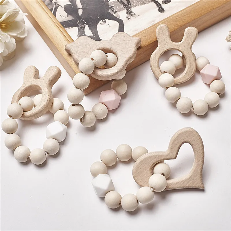 Baby Nursing Bracelets Wooden Silicone Chew Beads Teething Rattles Teether Toys 