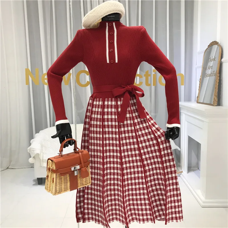 ALPHALMODA зимнее Новое вязаное платье в клетку с высоким воротником и длинными рукавами, однобортное женское винтажное элегантное платье с бантом и поясом