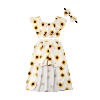 

3PCS Toddler Kids Baby Girl off shoulder Sunflower Crop Tops Shorts Dress Outfit set summer yellow Sunsuit 1-6Y