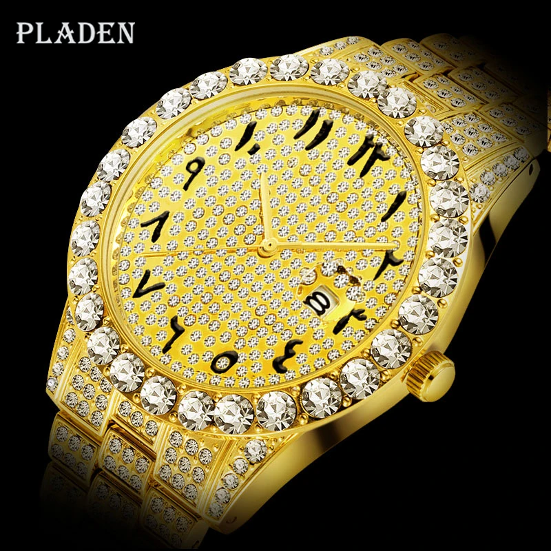 Дропшиппинг 2020 PLADEN 18k золотые часы Для мужчин большой алмаз набора