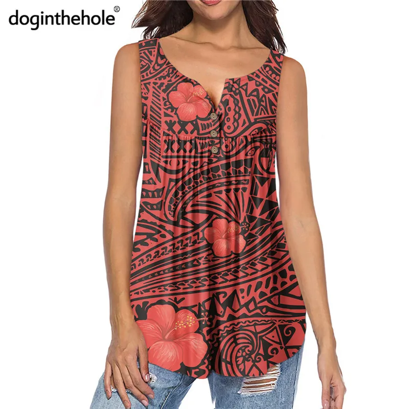 

Doginthehole 2020 Fashion Women Pleated Tunic Tops Red Color Hawaii Hibiscus Polynesian Tribal Sleeveless Henley Shirts Oversize