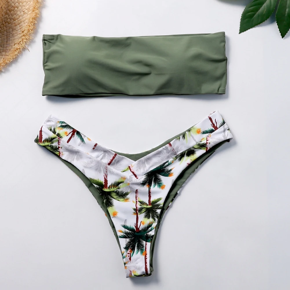 

Women Bikini Set Beach Bather Bathing Suit Coconut Tree Sexy Soft Summer Split Swimsuit Seaside Thong Printed Padded Bra