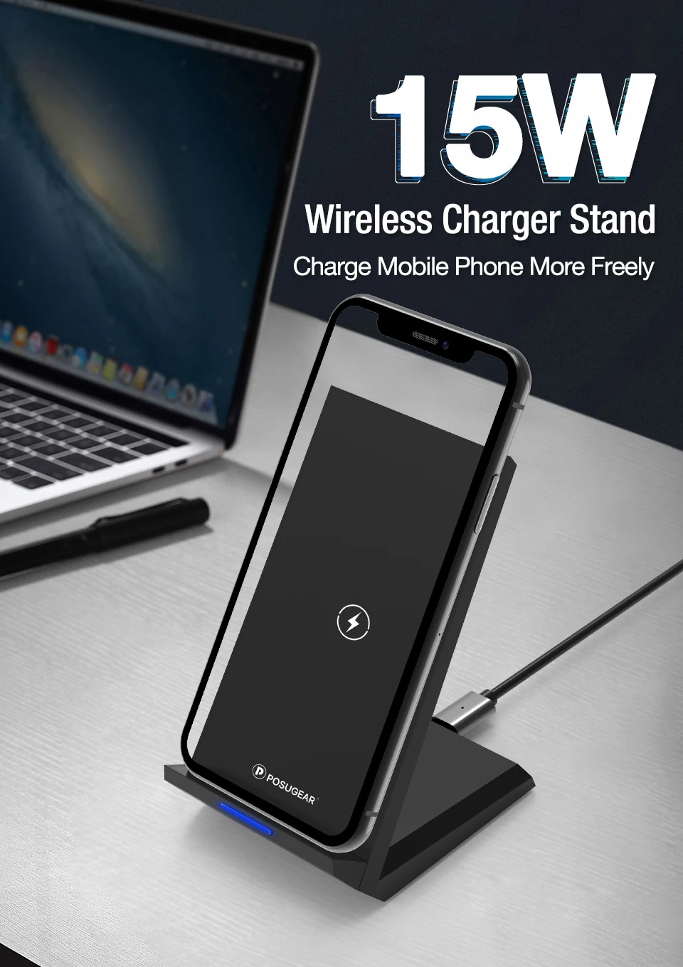 Posugear 15 Вт Qi Беспроводная зарядная подставка для iPhone 11 Pro X XS 8 XR быстрая Беспроводная зарядная подставка для samsung S10 S9 Note 9 10