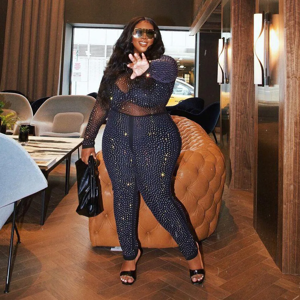 Plus Size Sparkling Rhinestone Mesh See 