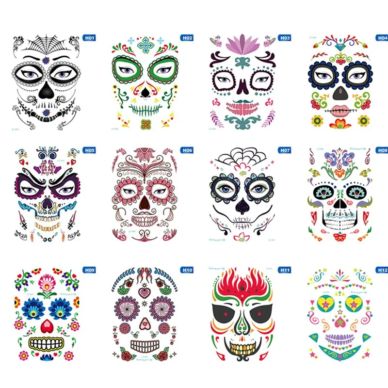 

1pc Mask Temporary Tattoos Stickers Day of The Dead Skull Face Halloween Party Cool Beauty Tattoo Waterproof Transfer Body Art
