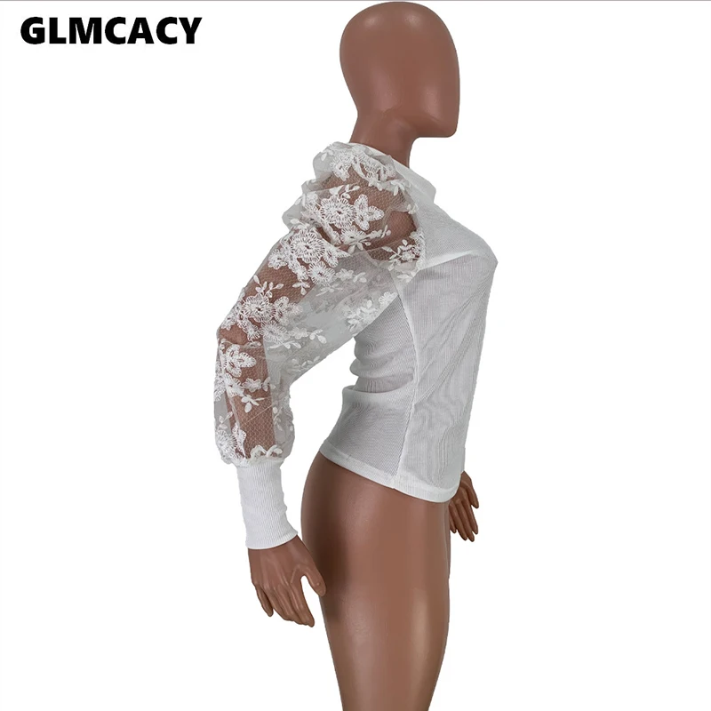 Женская Сексуальная кружевная сетчатая блузка с вышивкой, блузка с пышными рукавами, рубашки с длинным рукавом и круглым воротником, блузка