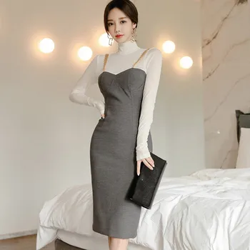 

Fashion White Gray Patchwork Pencil OL Dress New Spring Women Turtleneck Long Sleeve Bodycon Office Ladies Fake two piece Dress