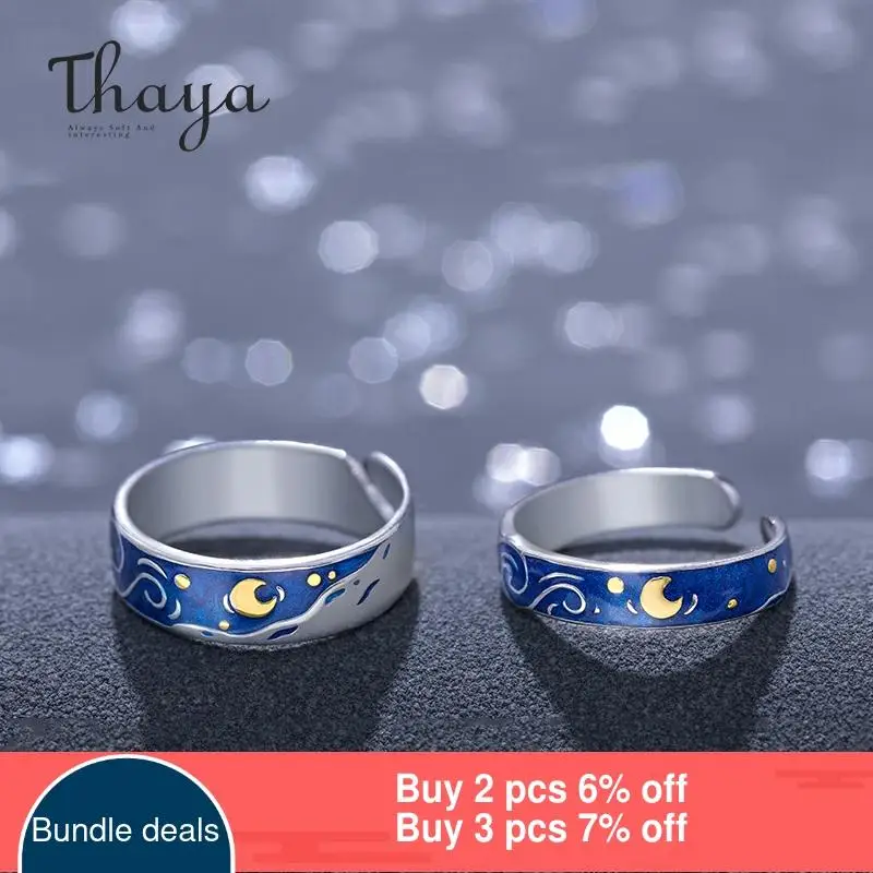 Thaya Genuine Van Gogh's Enamel Rings Jewelry 925 Silver Glitter Deer Sky Gold Moon Star Canvas Finger Ring Romantic for Women ► Photo 2/6