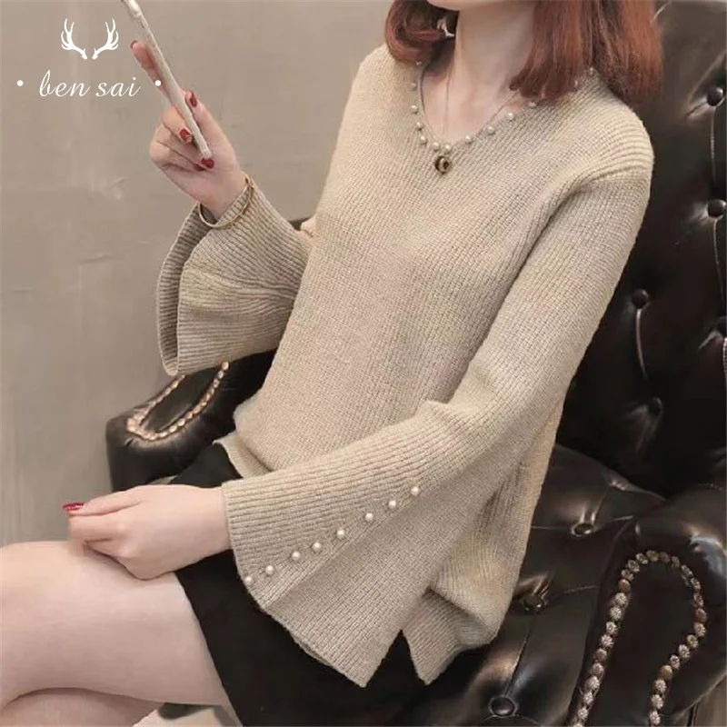 Women V-neck Knitted Sweater Solid Color Trumpet Sleeve Pearl Beaded Temperament Spring Autumn New | Женская одежда
