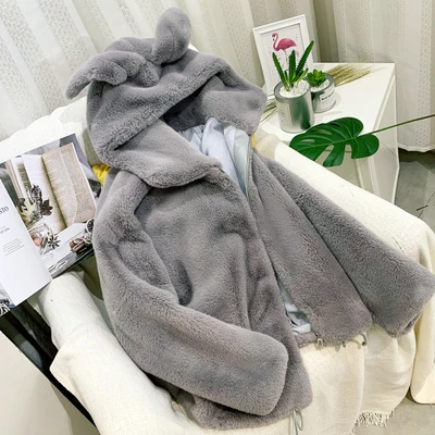 light grey Зимнее меховое пальто для женщин с милыми заячьими ушками, утепленное хлопковое пальто с капюшоном, пальто из искусственного меха кролика, Женская Короткая Меховая куртка, свободная куртка для студентов - Цвет: light grey