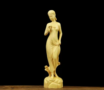 

7.9" Fine Chinese Box-wood Hand Carved Young Beautiful Girl Goddess Stand Statue