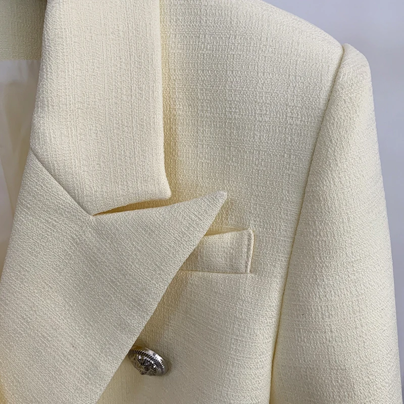 HIGH STREET Newest 2024 Classic Designer Blazer Women's Lion Buttons Double Breasted Slim Fit Textured Blazer Pastel yellow 4
