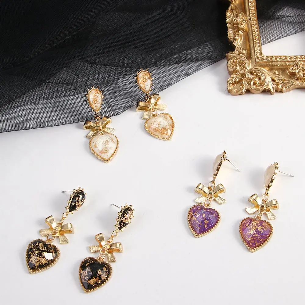 Bowknot Heart Resin Earrings Korean Classic Style Golden Peach Heart Stud Earrings For Woman Jewelry Valentine’s Day present