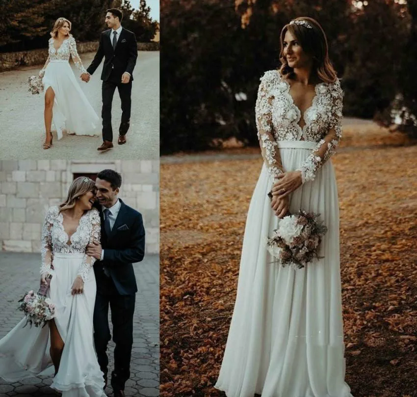 

Cheap Bohemian Long Sleeves Wedding Dress A Line Chiffon Beach Country Garden Church Formal Bridal Gown Custom Made Plus Size