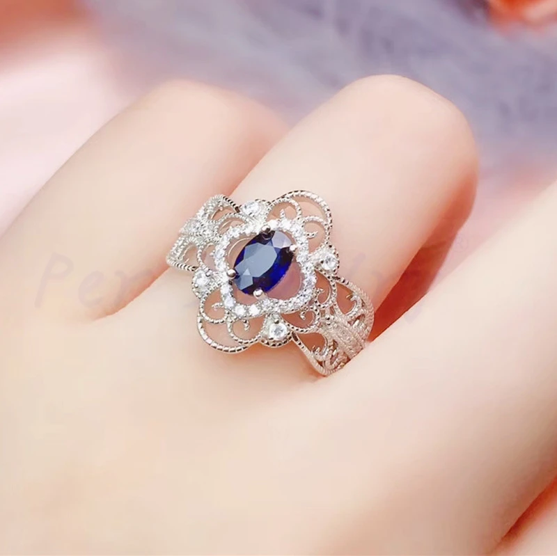 Кольцо с натуральным сапфировым цветком, 0.6CT, драгоценный камень,, Стерлинговое Серебро 925 пробы, ювелирные украшения# R991203