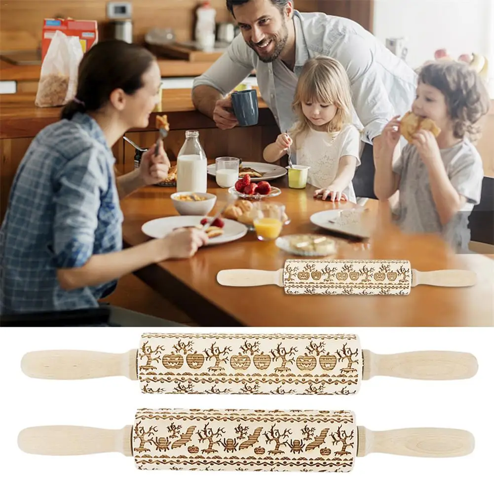 

2020 NEW 14 inches Halloween Embossing Rolling Pin Wooden Non-stick Rolling Pin Baking Tools Cake Dough Engraved