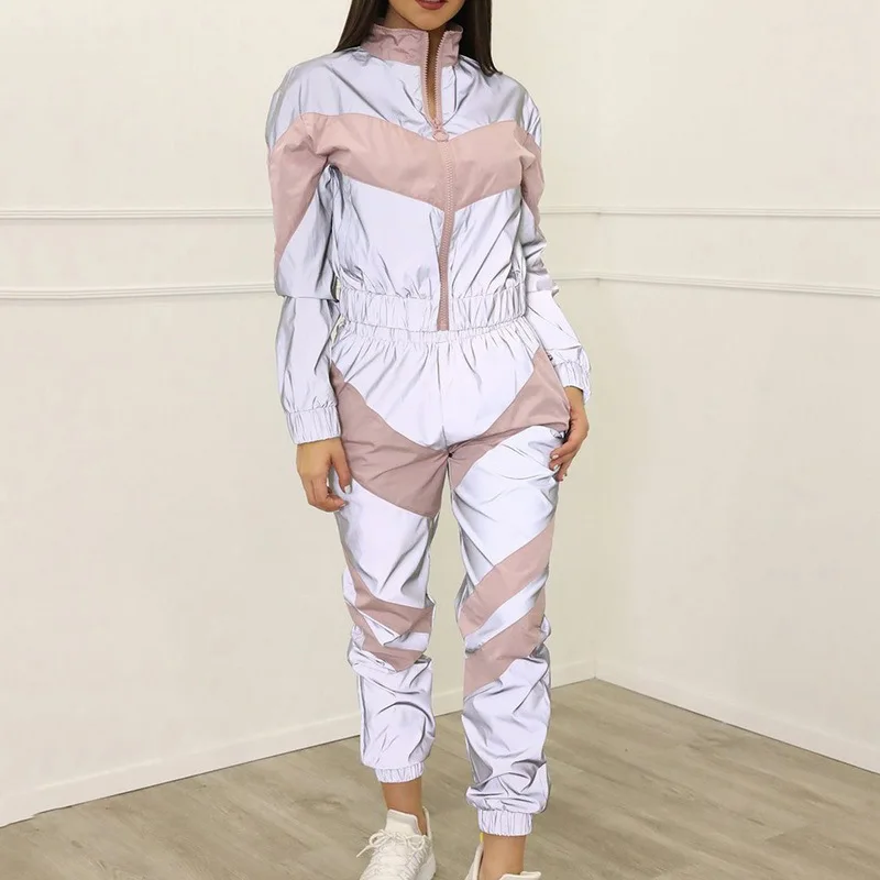 

Women 2 Piece Set Sports Winter Zipper Jacket Trousers Spliced Reflective Shiny Casual Workout Suit Jogging Tracksuit Sportswear