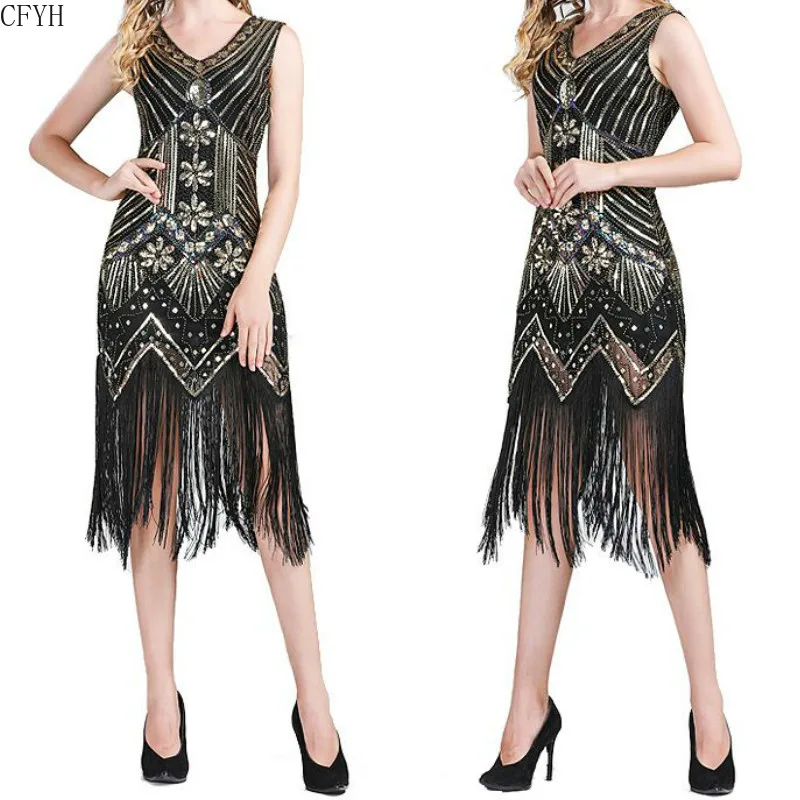 Kaufen Plus Größe 4XL Great Gatsby Party Kleid Frauen 1920s Kleid Sexy V ausschnitt Stickerei Fringe Pailletten Perlen Quasten Hem Flapper kleid