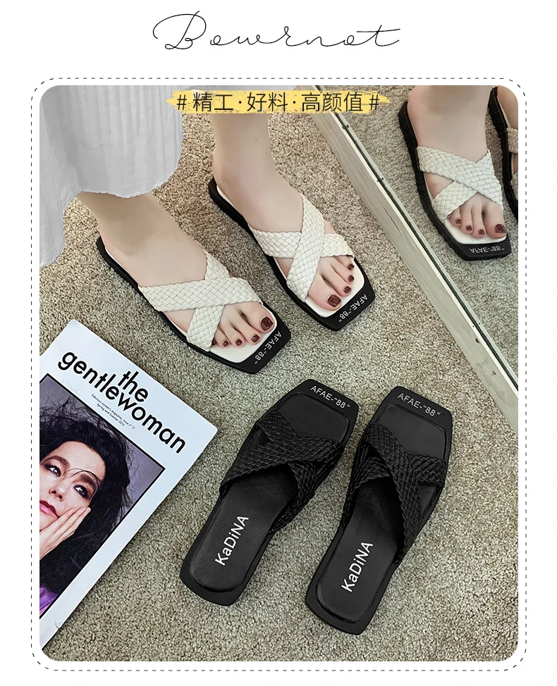 

Ins Sandals Summer Women Slippers Flats Pu Leather Solid Peep Toe Sewing 2020 Slides Fashion Outside Mules Female Ladies Shoes