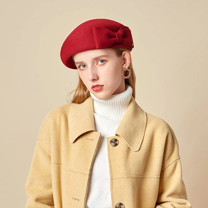 

Lady Fedoras Wool Cap Woman Woolen Bowtie Cap Autumn Winter Beret Hat Bowler Hat Pumpkin Hat Dome Cap LM073