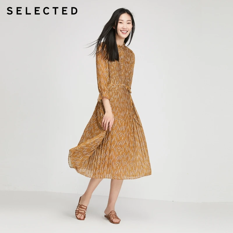 SELECTED Stand-up Collar Printed Flared 3/4 Sleeves Pleated Dress S|42022J524 SELECTED Stand-up Collar Printed Flared 3/4 Sleeves Pleated Dress S|42022J524