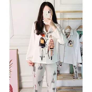 

Summer Women's Pajamas Sets Printed Fashion Luxury Female Faux Silk Two Pieces Shirts + Pants Nighties Sleepwear