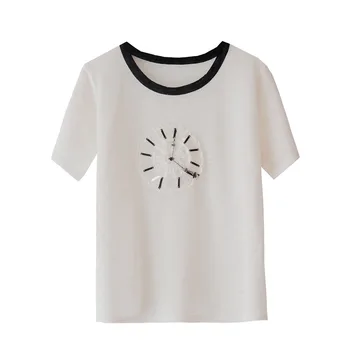 

Spring Summer New Style Clock Pattern T-shirt Tshirt Handmade Beading Short Sleeve Knitted Tops Tee Women T Shirt T-shirts