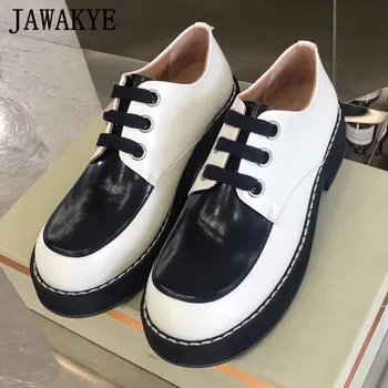 

Square Toe Real Leather Lace Up Women Shoes Mixed Color Casual Shoes Woman Retro Thick Sole Loafers Slip-on Flat Platform Shoes