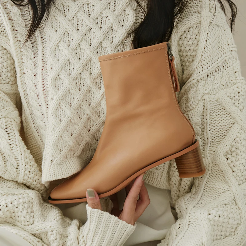 

INS HOT Women ankle boots natural leather upper autumn and winter Solid color square head round heel classic Europe women shoes