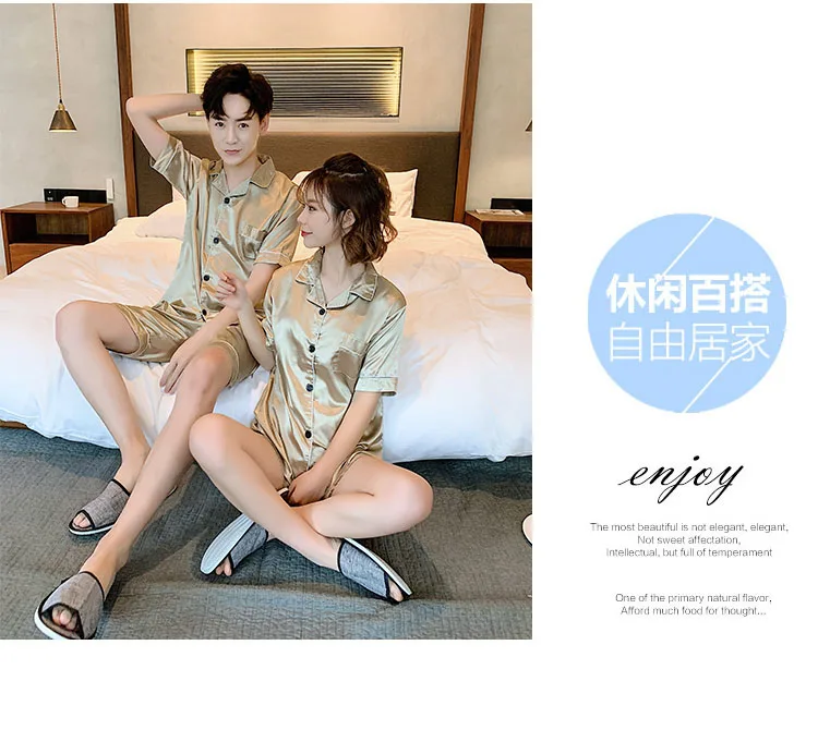 Yidanna Couple Pajamas Set Polyester Nightwear Short  Sleeved Sleepwear Summer Sleep Clothing Imitation Silk Nighties Women Paja silk pj set