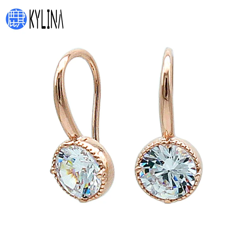 

KYLINA 2019 New Round White AAA Cubic Zirconia Dangle Earrings 585 Rose Gold Anti-allergy For Women Girls Daily Party Jewelry