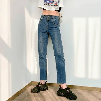 

Women High Waist Jeans Spring Loose Denim Jeans Pants Female Straight Denim Blue Pants Female Capris 2020