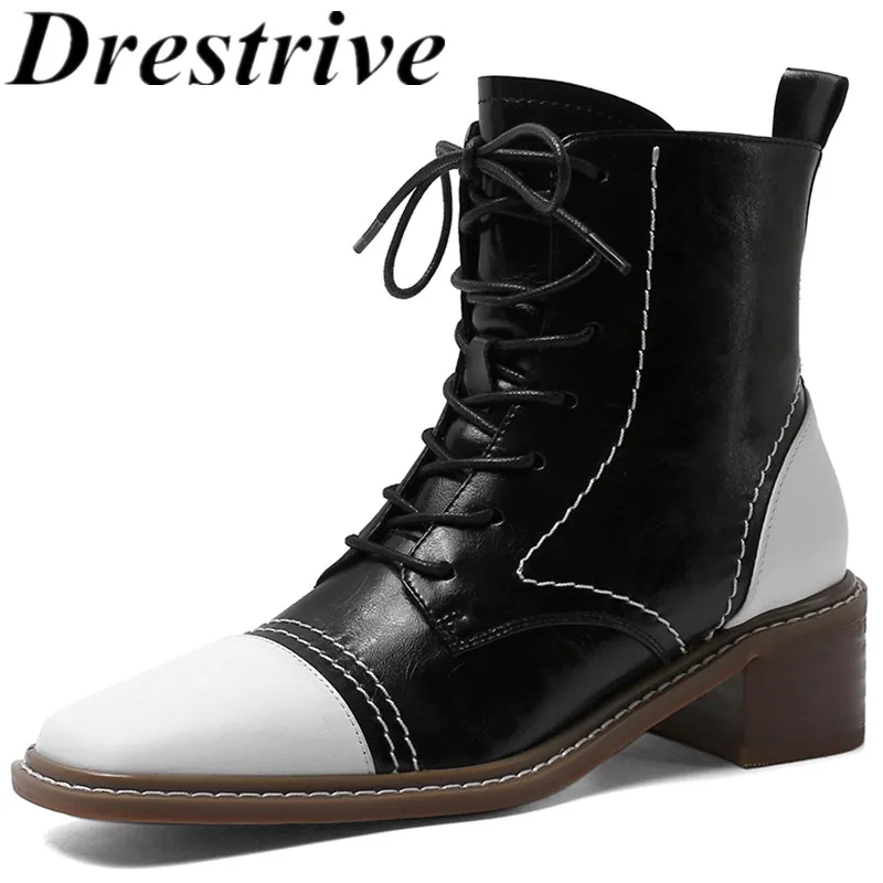 

Drestrive/женские ботильоны из коровьей кожи; Лоскутная обувь на среднем каблуке со шнуровкой; Модная зимняя обувь на молнии; Цвет Черный; Толстый каблук 5 см; 2020